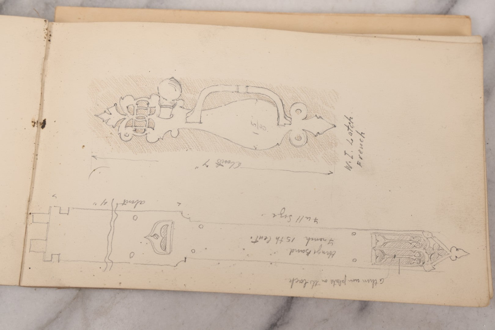 Lot 073 - Antique Architecture And Furniture Sketchbook, Containing Many Original Pencil Sketches Of Buildings, Furniture, Light Fixtures, And More, With Watercolors, Europe, Circa 1900 