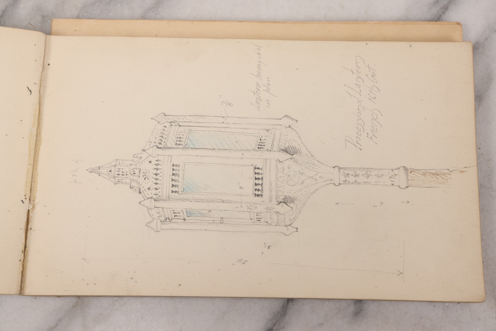 Lot 073 - Antique Architecture And Furniture Sketchbook, Containing Many Original Pencil Sketches Of Buildings, Furniture, Light Fixtures, And More, With Watercolors, Europe, Circa 1900 