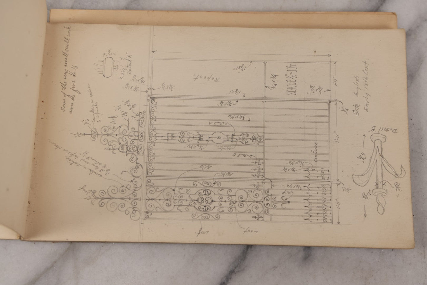 Lot 073 - Antique Architecture And Furniture Sketchbook, Containing Many Original Pencil Sketches Of Buildings, Furniture, Light Fixtures, And More, With Watercolors, Europe, Circa 1900 