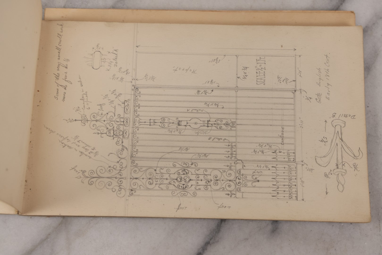 Lot 073 - Antique Architecture And Furniture Sketchbook, Containing Many Original Pencil Sketches Of Buildings, Furniture, Light Fixtures, And More, With Watercolors, Europe, Circa 1900 