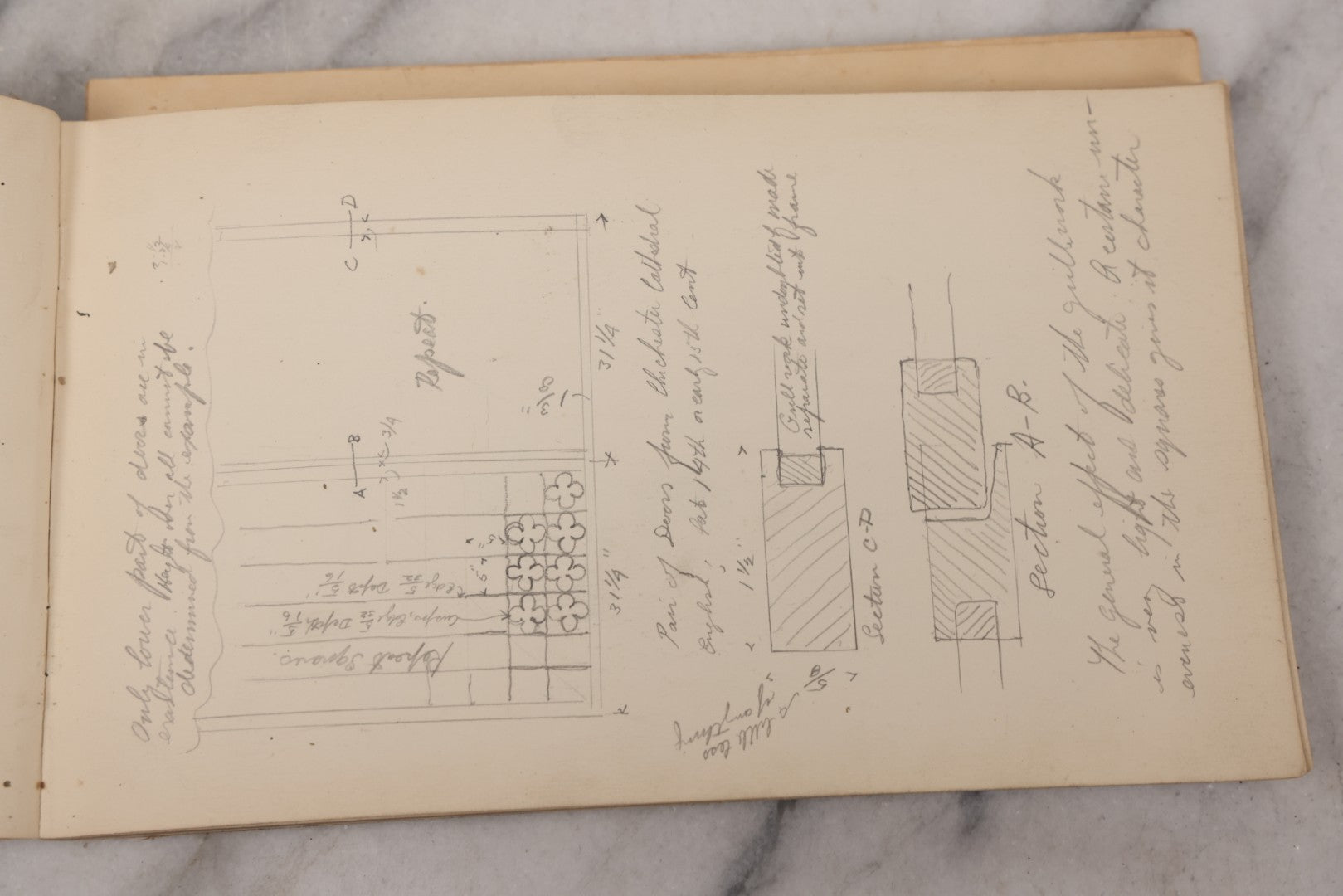 Lot 073 - Antique Architecture And Furniture Sketchbook, Containing Many Original Pencil Sketches Of Buildings, Furniture, Light Fixtures, And More, With Watercolors, Europe, Circa 1900 