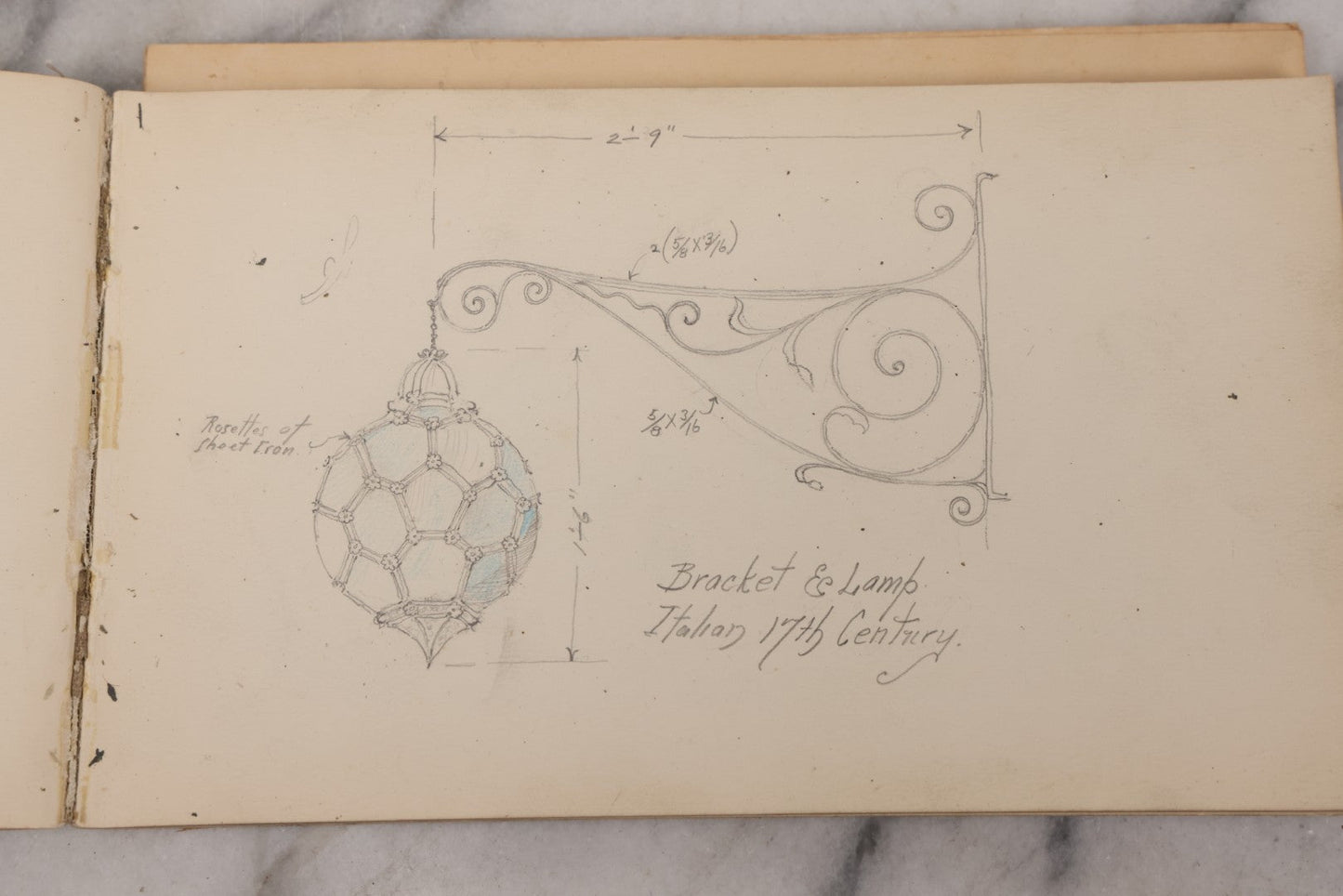 Lot 073 - Antique Architecture And Furniture Sketchbook, Containing Many Original Pencil Sketches Of Buildings, Furniture, Light Fixtures, And More, With Watercolors, Europe, Circa 1900 
