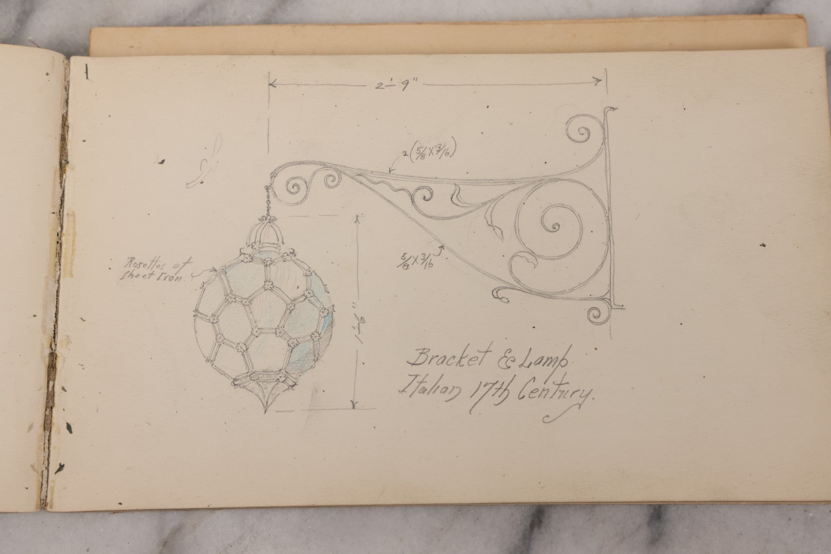 Lot 073 - Antique Architecture And Furniture Sketchbook, Containing Many Original Pencil Sketches Of Buildings, Furniture, Light Fixtures, And More, With Watercolors, Europe, Circa 1900 