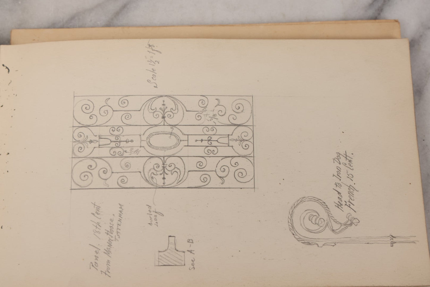 Lot 073 - Antique Architecture And Furniture Sketchbook, Containing Many Original Pencil Sketches Of Buildings, Furniture, Light Fixtures, And More, With Watercolors, Europe, Circa 1900 