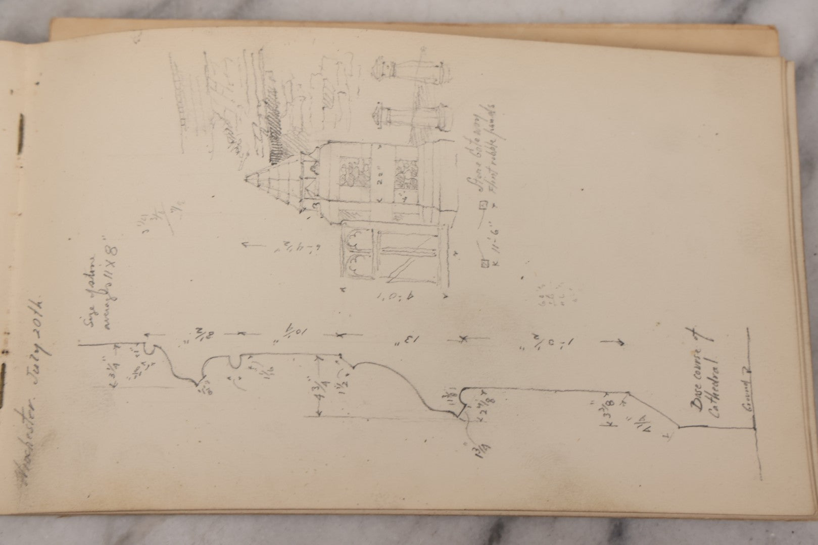 Lot 073 - Antique Architecture And Furniture Sketchbook, Containing Many Original Pencil Sketches Of Buildings, Furniture, Light Fixtures, And More, With Watercolors, Europe, Circa 1900 