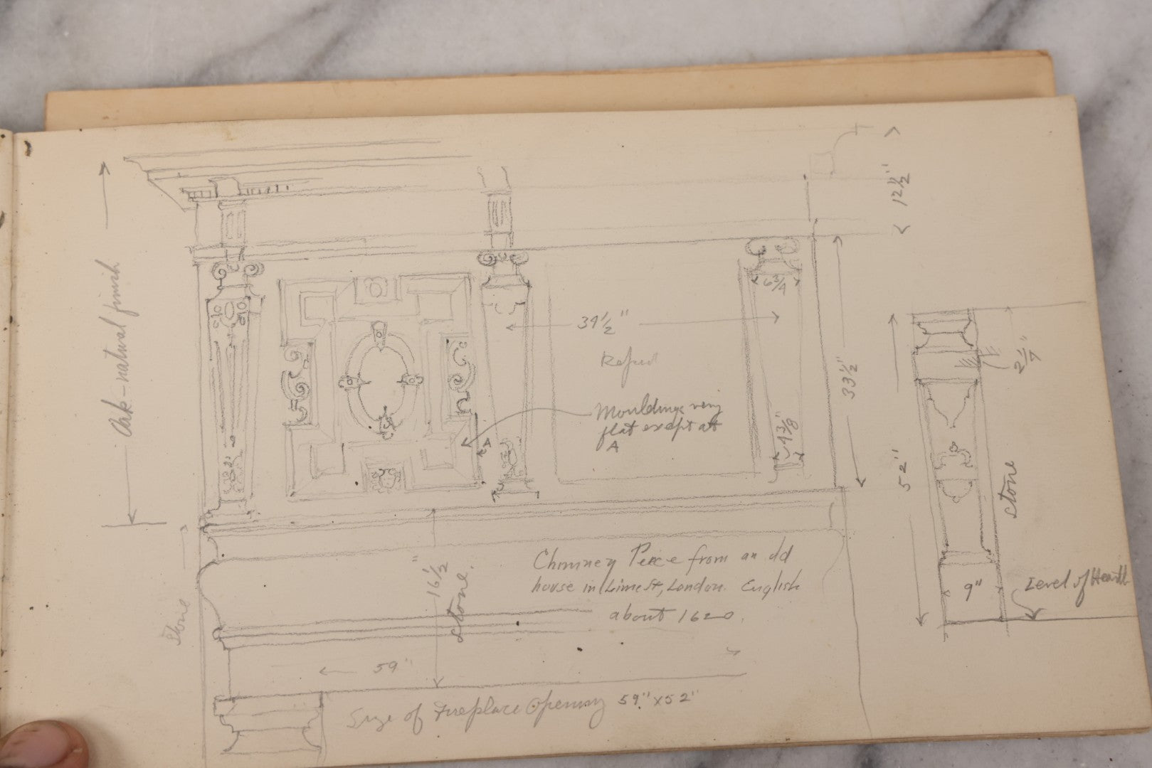 Lot 073 - Antique Architecture And Furniture Sketchbook, Containing Many Original Pencil Sketches Of Buildings, Furniture, Light Fixtures, And More, With Watercolors, Europe, Circa 1900 