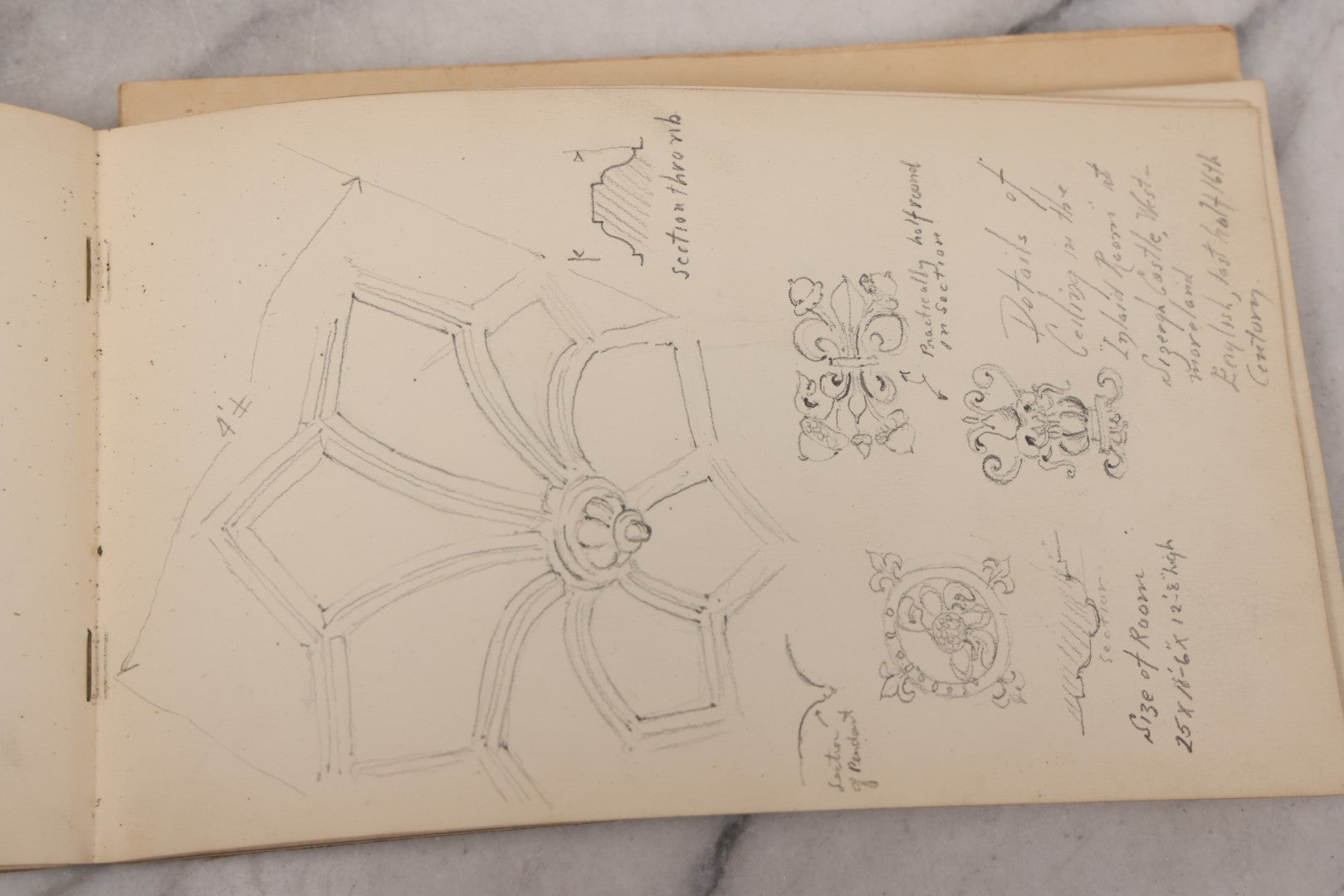 Lot 073 - Antique Architecture And Furniture Sketchbook, Containing Many Original Pencil Sketches Of Buildings, Furniture, Light Fixtures, And More, With Watercolors, Europe, Circa 1900 