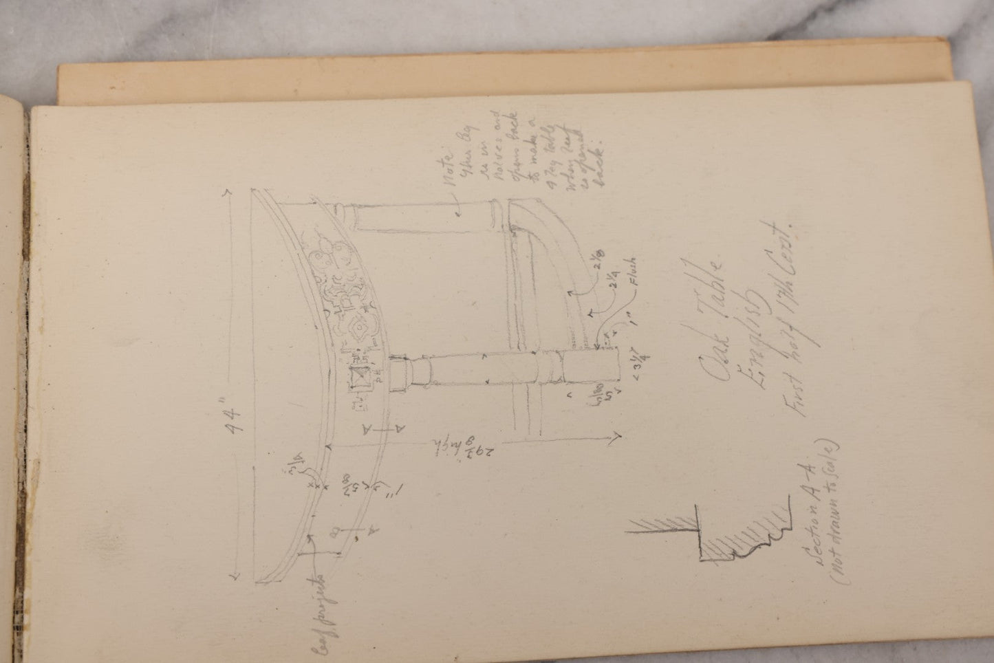 Lot 073 - Antique Architecture And Furniture Sketchbook, Containing Many Original Pencil Sketches Of Buildings, Furniture, Light Fixtures, And More, With Watercolors, Europe, Circa 1900 