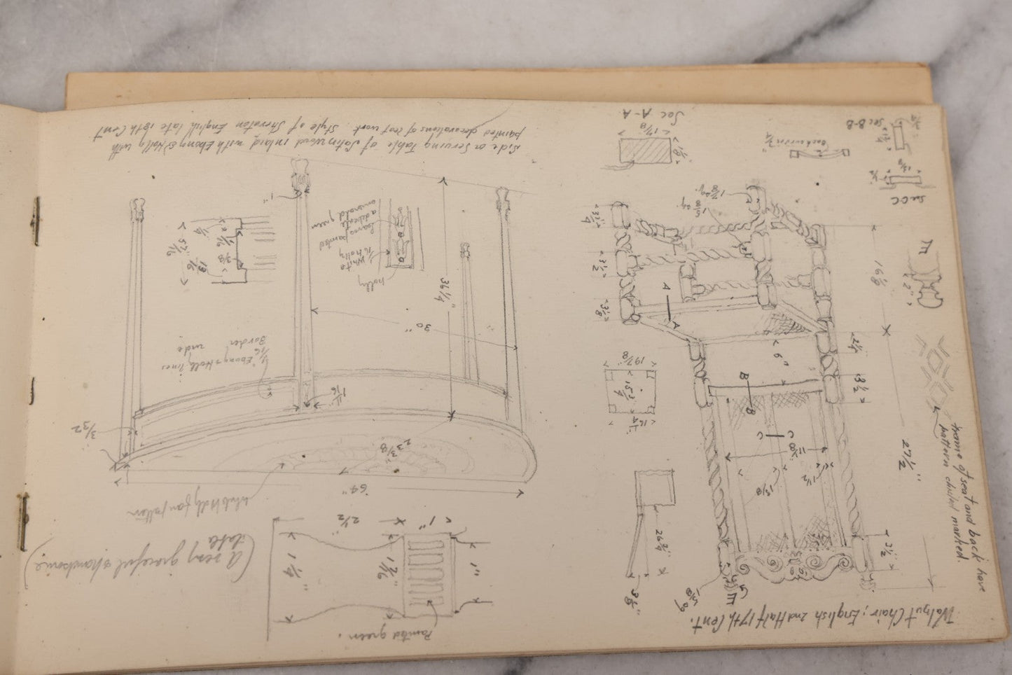 Lot 073 - Antique Architecture And Furniture Sketchbook, Containing Many Original Pencil Sketches Of Buildings, Furniture, Light Fixtures, And More, With Watercolors, Europe, Circa 1900 
