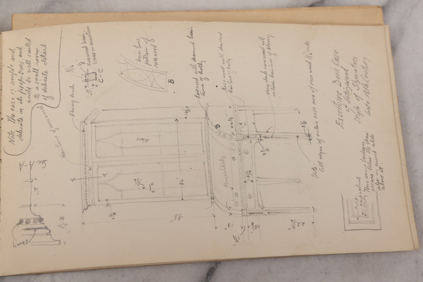 Lot 073 - Antique Architecture And Furniture Sketchbook, Containing Many Original Pencil Sketches Of Buildings, Furniture, Light Fixtures, And More, With Watercolors, Europe, Circa 1900 