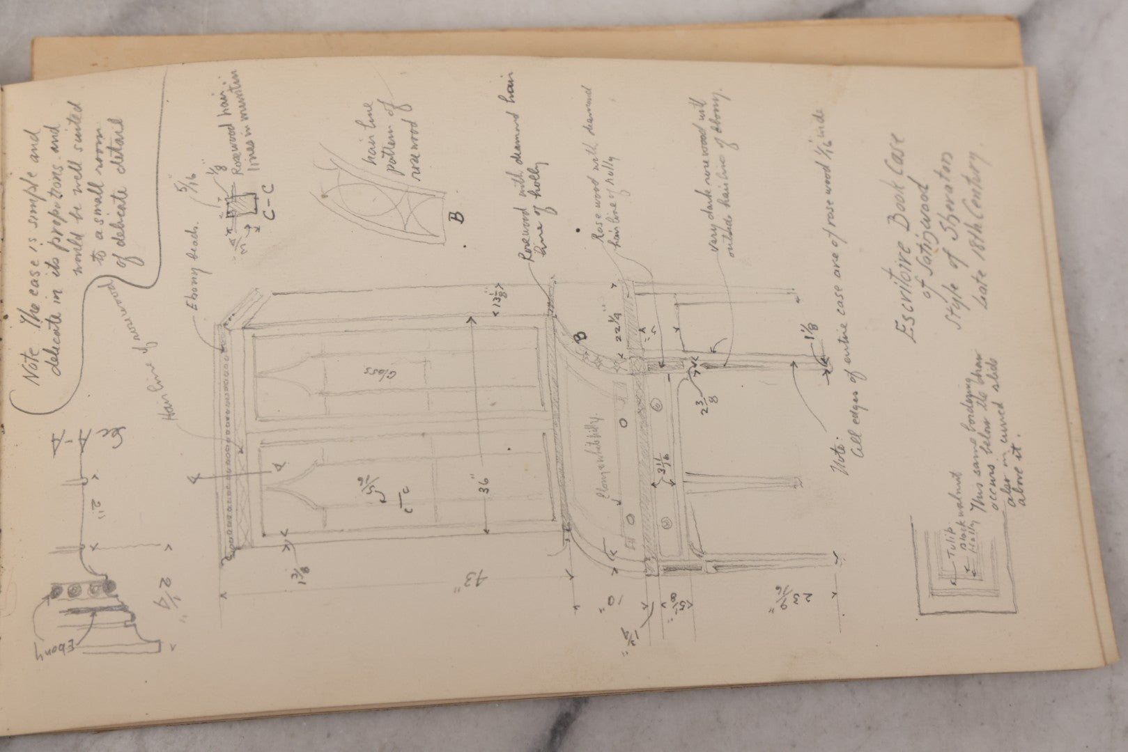 Lot 073 - Antique Architecture And Furniture Sketchbook, Containing Many Original Pencil Sketches Of Buildings, Furniture, Light Fixtures, And More, With Watercolors, Europe, Circa 1900 