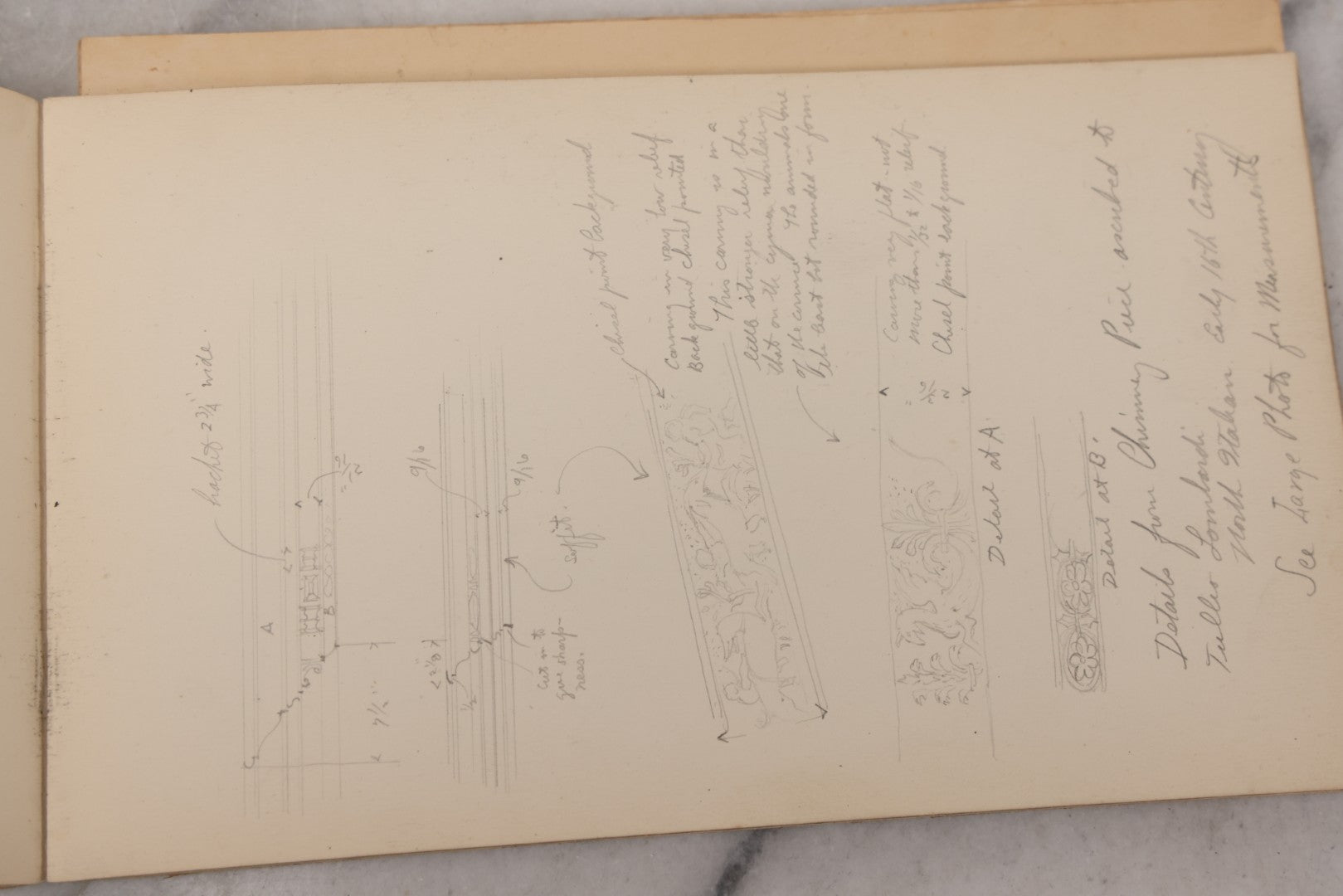 Lot 073 - Antique Architecture And Furniture Sketchbook, Containing Many Original Pencil Sketches Of Buildings, Furniture, Light Fixtures, And More, With Watercolors, Europe, Circa 1900 