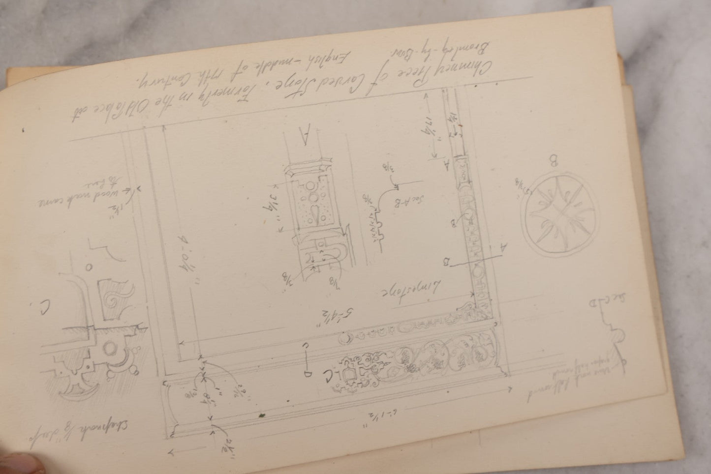 Lot 073 - Antique Architecture And Furniture Sketchbook, Containing Many Original Pencil Sketches Of Buildings, Furniture, Light Fixtures, And More, With Watercolors, Europe, Circa 1900 