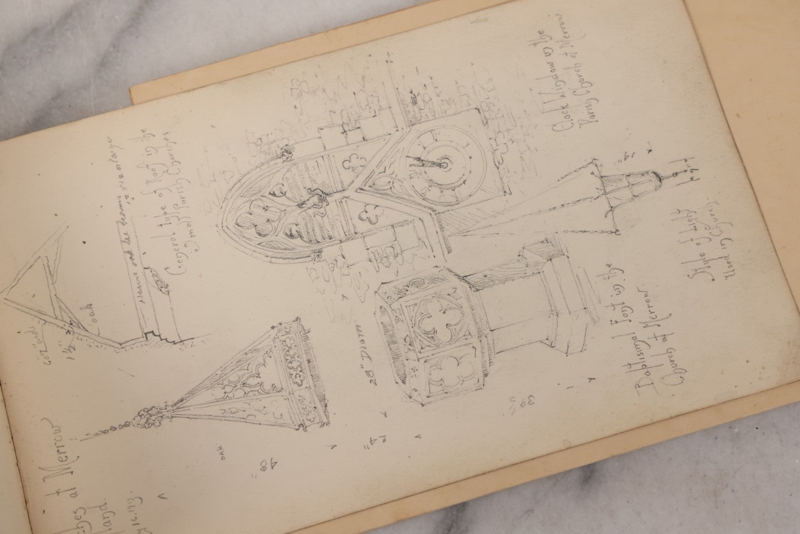 Lot 073 - Antique Architecture And Furniture Sketchbook, Containing Many Original Pencil Sketches Of Buildings, Furniture, Light Fixtures, And More, With Watercolors, Europe, Circa 1900 