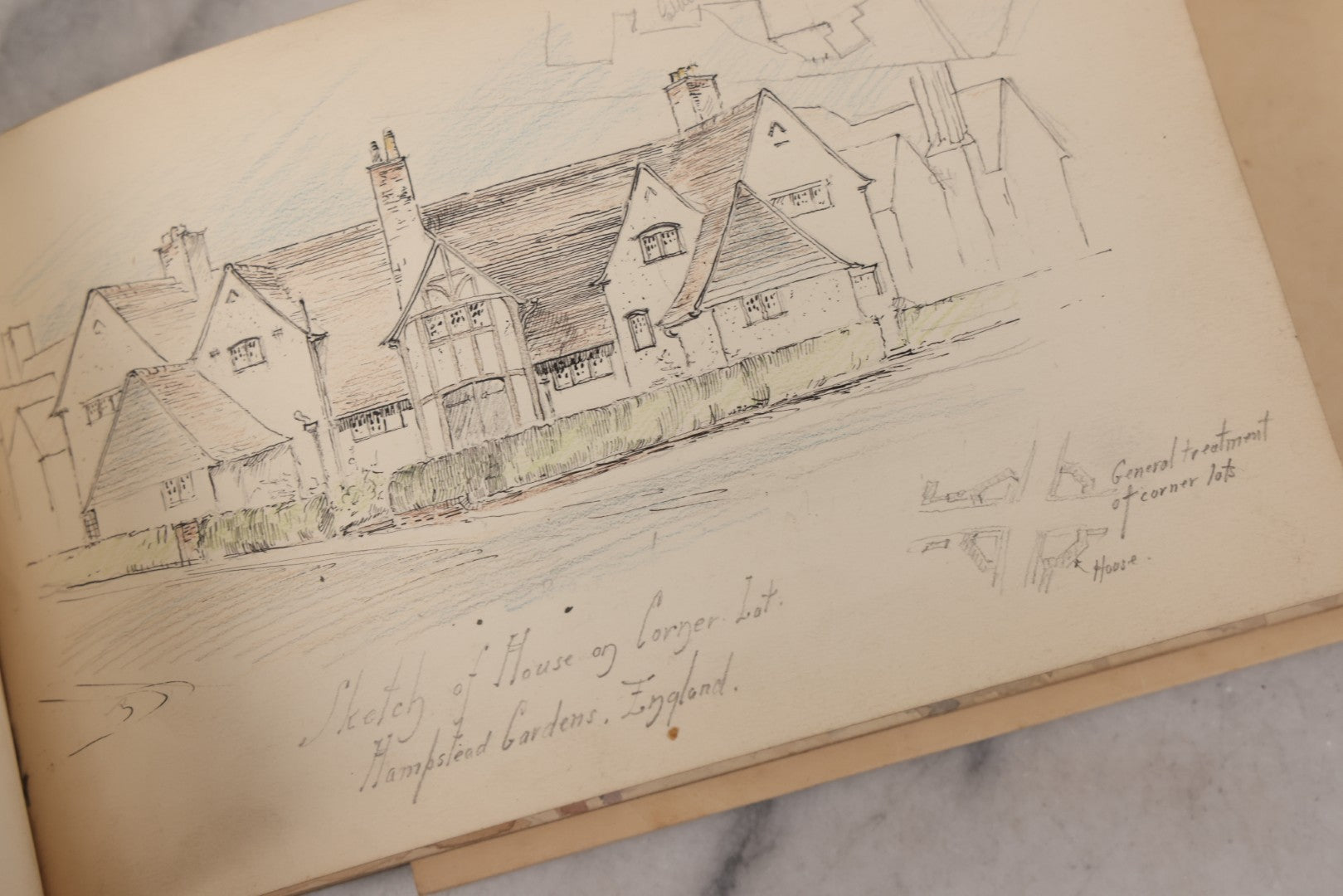 Lot 073 - Antique Architecture And Furniture Sketchbook, Containing Many Original Pencil Sketches Of Buildings, Furniture, Light Fixtures, And More, With Watercolors, Europe, Circa 1900 
