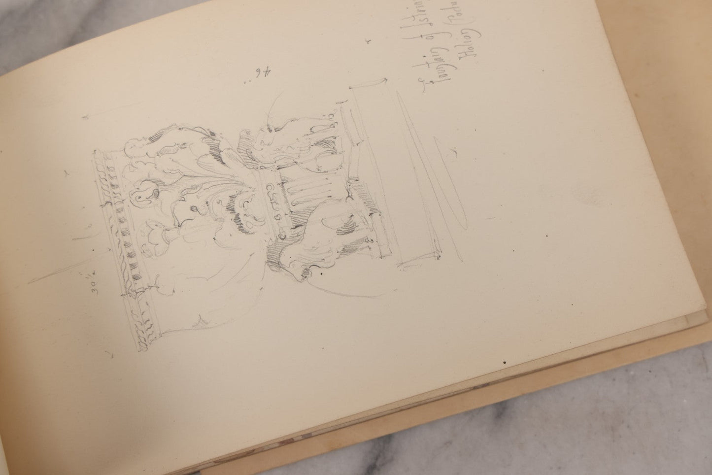 Lot 073 - Antique Architecture And Furniture Sketchbook, Containing Many Original Pencil Sketches Of Buildings, Furniture, Light Fixtures, And More, With Watercolors, Europe, Circa 1900 