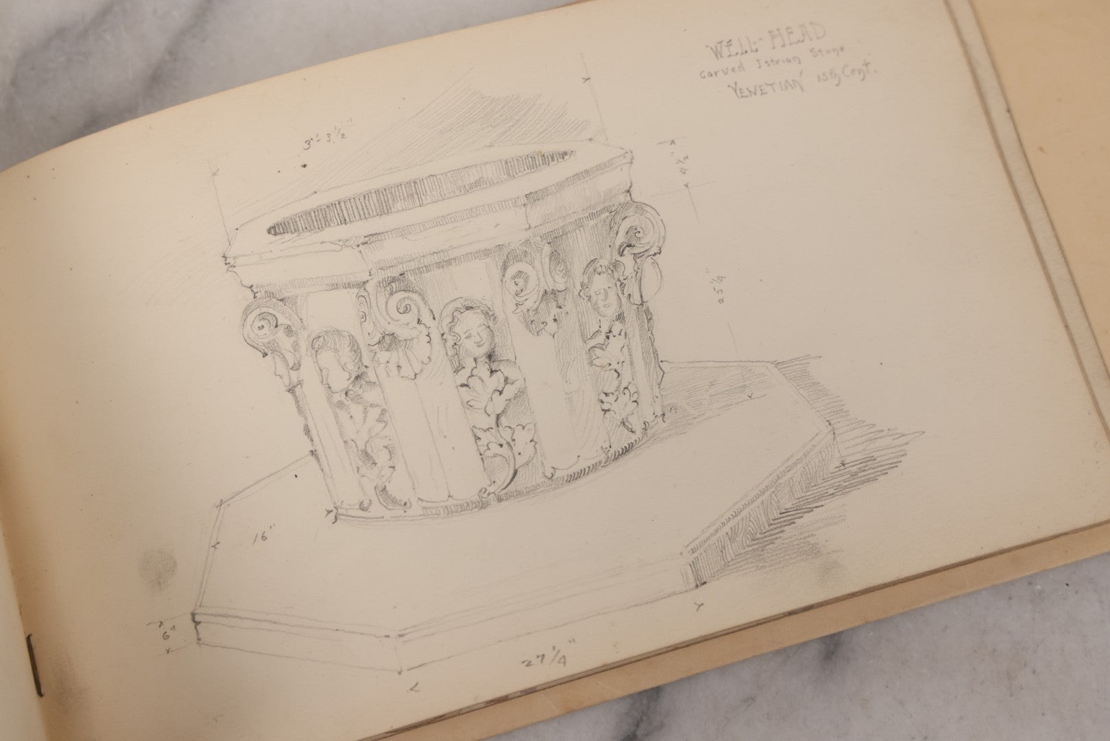 Lot 073 - Antique Architecture And Furniture Sketchbook, Containing Many Original Pencil Sketches Of Buildings, Furniture, Light Fixtures, And More, With Watercolors, Europe, Circa 1900 
