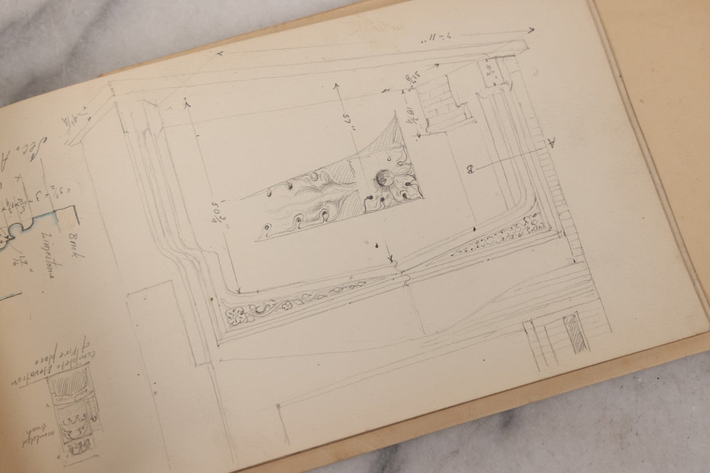 Lot 073 - Antique Architecture And Furniture Sketchbook, Containing Many Original Pencil Sketches Of Buildings, Furniture, Light Fixtures, And More, With Watercolors, Europe, Circa 1900 