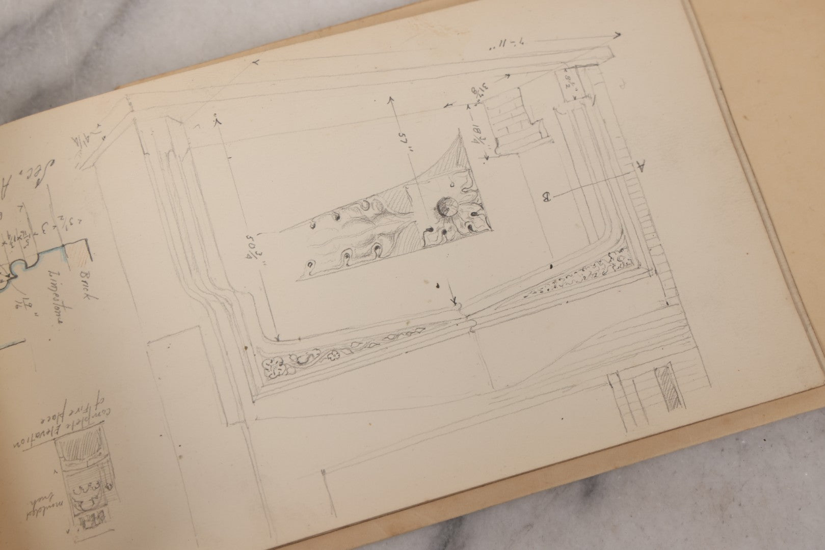 Lot 073 - Antique Architecture And Furniture Sketchbook, Containing Many Original Pencil Sketches Of Buildings, Furniture, Light Fixtures, And More, With Watercolors, Europe, Circa 1900 