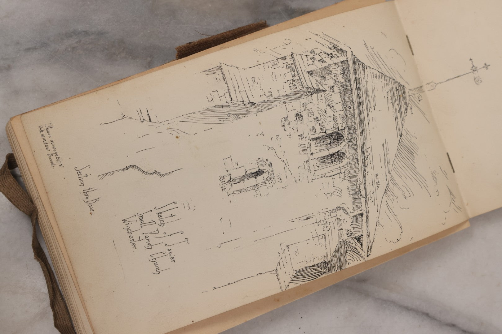 Lot 073 - Antique Architecture And Furniture Sketchbook, Containing Many Original Pencil Sketches Of Buildings, Furniture, Light Fixtures, And More, With Watercolors, Europe, Circa 1900 