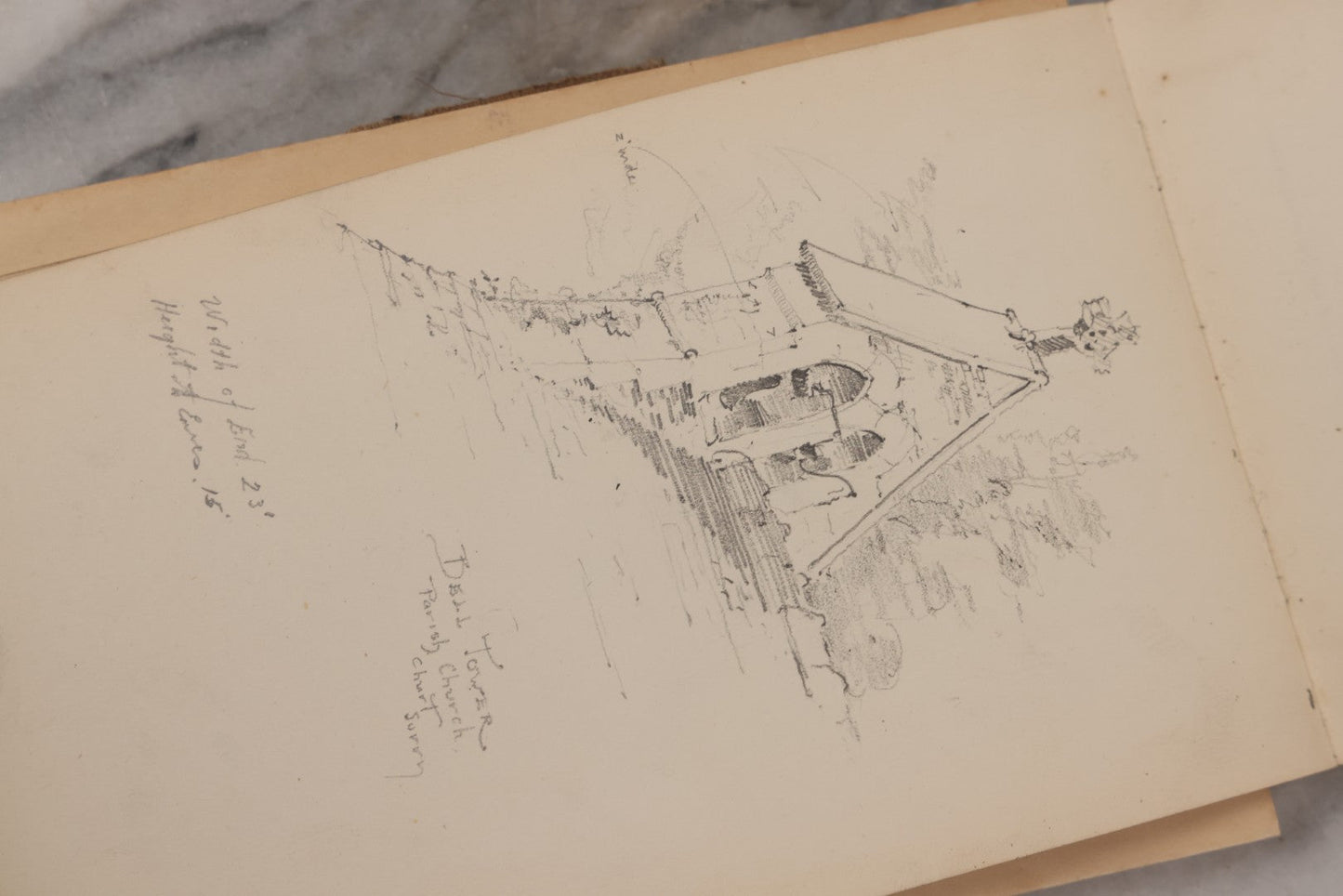 Lot 073 - Antique Architecture And Furniture Sketchbook, Containing Many Original Pencil Sketches Of Buildings, Furniture, Light Fixtures, And More, With Watercolors, Europe, Circa 1900 