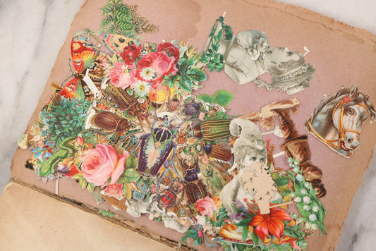 Lot 075 - Antique Die Cut Scrap Collection In Delicate Scrapbook, Containing Dozens Of Pieces, Mostly Made In Germany, Including People, Animals, Flowers, And Other Subjects, Not Glued To Book