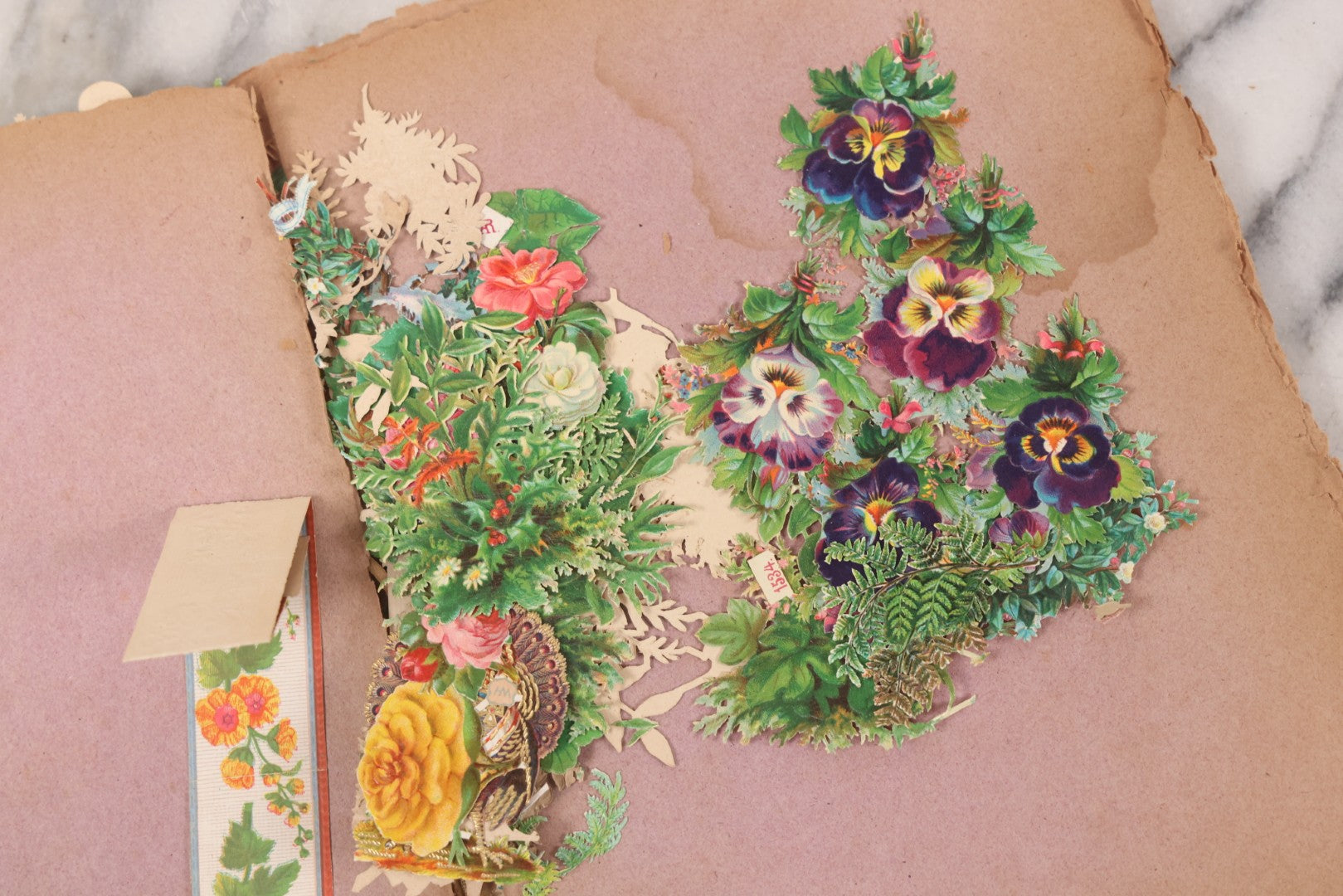 Lot 075 - Antique Die Cut Scrap Collection In Delicate Scrapbook, Containing Dozens Of Pieces, Mostly Made In Germany, Including People, Animals, Flowers, And Other Subjects, Not Glued To Book