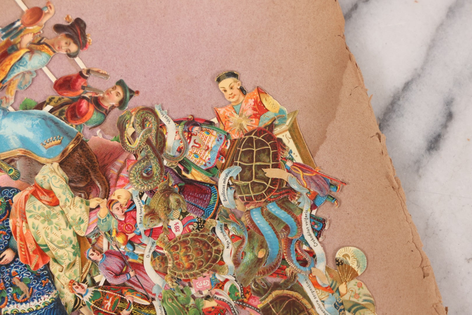 Lot 075 - Antique Die Cut Scrap Collection In Delicate Scrapbook, Containing Dozens Of Pieces, Mostly Made In Germany, Including People, Animals, Flowers, And Other Subjects, Not Glued To Book