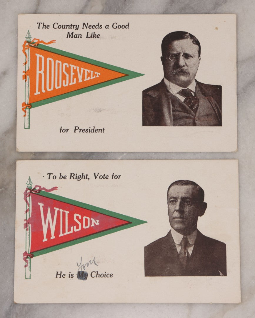 Lot 081 - Pair Of Antique Postcards From The 1912 United States Presidential Election, Theodore Roosevelt Vs. Woodrow Wilson,  With Handwritten Note Between Friends, "Wilson For You, But Teddy For Me, Postmarked October 24, 1912