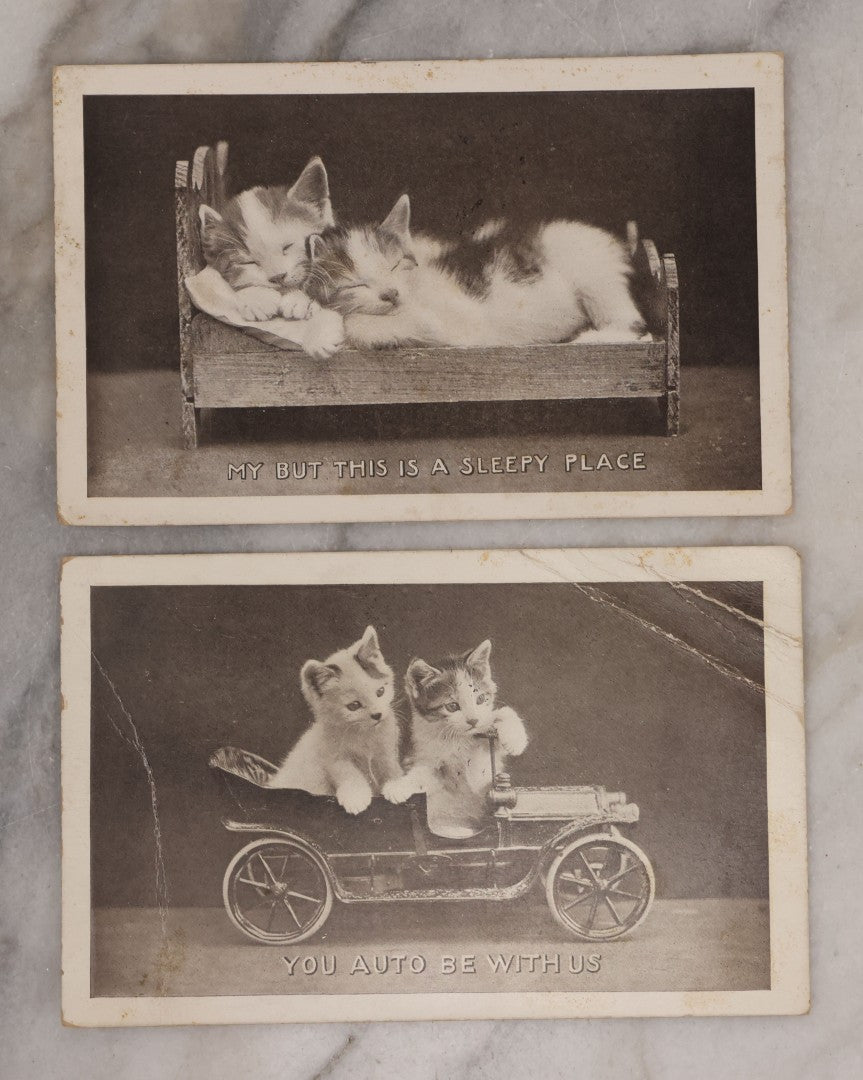Lot 083 - Pair Of Antique Postcards Of Anthropomorphic Kittens, Including Cats Snuggling In Bed And Driving Automobile, "You Auto Be With Us," Both Postmarked 1912