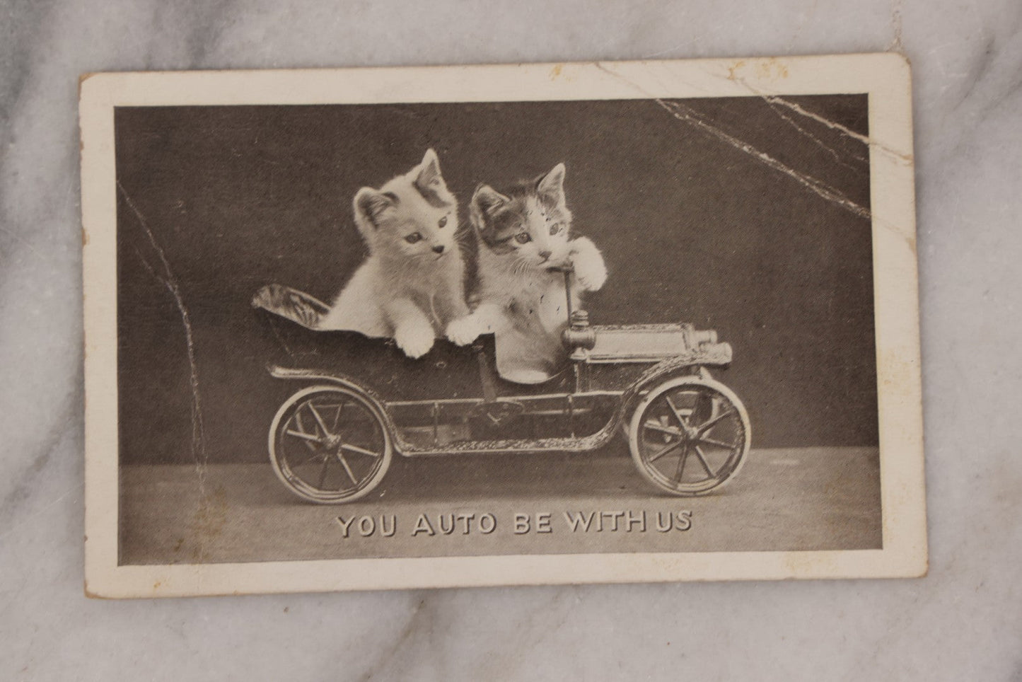 Lot 083 - Pair Of Antique Postcards Of Anthropomorphic Kittens, Including Cats Snuggling In Bed And Driving Automobile, "You Auto Be With Us," Both Postmarked 1912