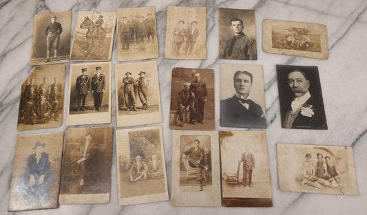 Lot 085 - Grouping Of 18 Antique Real Photo Postcards R.P.P.C. Of Men And Boys, Including Men In Overalls, Knights Templar / Freemasons, Sailors, Men Smoking, And More