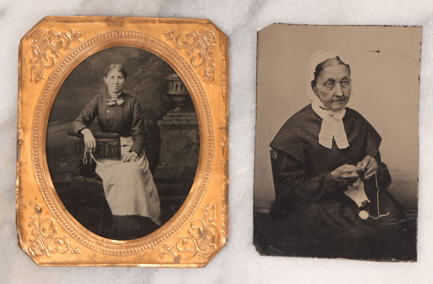 Lot 088 - Pair Of Antique Tintype Photographs Of Women Engaged In Knitting, Sewing Activities, Including Elderly Woman In Bonnet And Tintype In Brass Mat From French & Sawyer's Daguerreian Gallery, Keene, New Hampshire