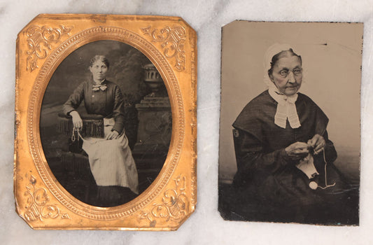 Lot 088 - Pair Of Antique Tintype Photographs Of Women Engaged In Knitting, Sewing Activities, Including Elderly Woman In Bonnet And Tintype In Brass Mat From French & Sawyer's Daguerreian Gallery, Keene, New Hampshire