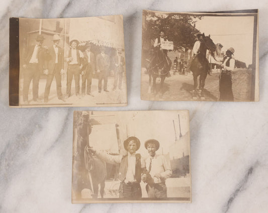 Lot 097 - Grouping Of Three Antique Unmounted Paper Photographs Of Men Posing In And Around Albany County, New York, Including With Horses, In Front Of Confectionary Shop, And Holding Paper With Headline "Choicelest Lands, Albany County"