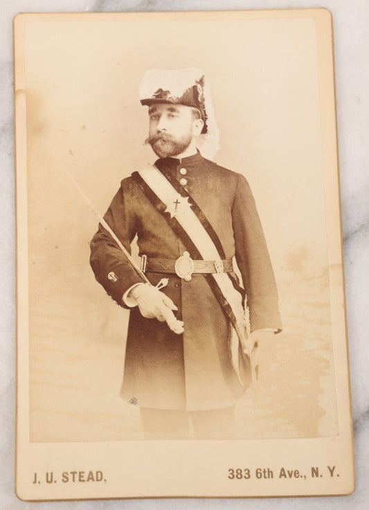 Lot 102 - Antique Cabinet Card Photograph Of A Man In Full Knights Templar Garb Posing With Dress Sword, J.U. Stead, Photographer, New York, New York