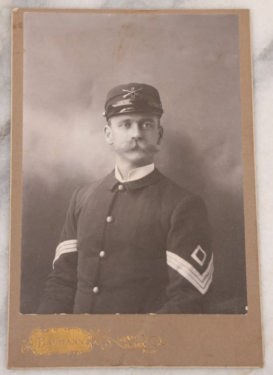 Lot 103 - Antique Cabinet Card Photograph Of A Soldier Of The 3rd Nebraska Infantry Regiment, Identified On Verso As Lieutenant Perry, Possibly Lieutenant Charles H. Perry, Spanish American War Era, Baumann, Photographer, Grand Island, Nebraska
