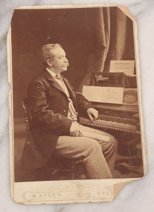 Lot 106 - Antique Cabinet Card Photograph Of A Musician Posing With Piano, Open Music Books By G.W. Stratton, A. Adler, Photographer, Dresden, Germany, Note Corner Loss