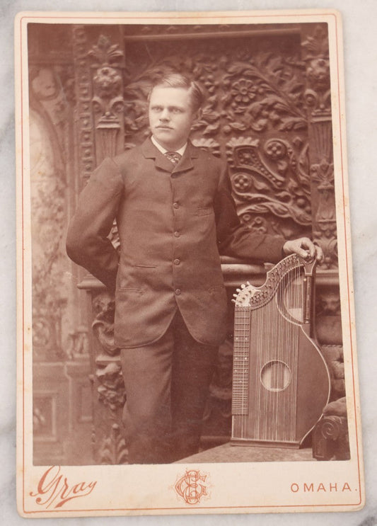 Lot 107 - Antique Cabinet Card Photograph Of A Musician Posing With A Zither, Stringed Instrument, Gray, Photographer, Omaha, Nebraska
