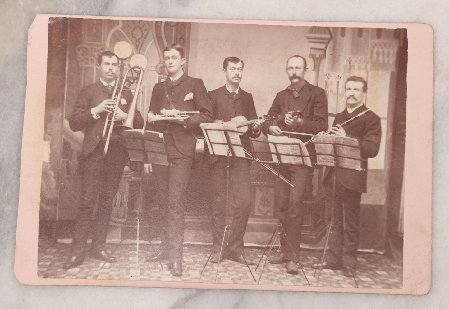 Lot 108 - Antique Cabinet Card Photograph Of Five Musicians, Early Five Piece Band, Including Brass, Clarinet, Violin