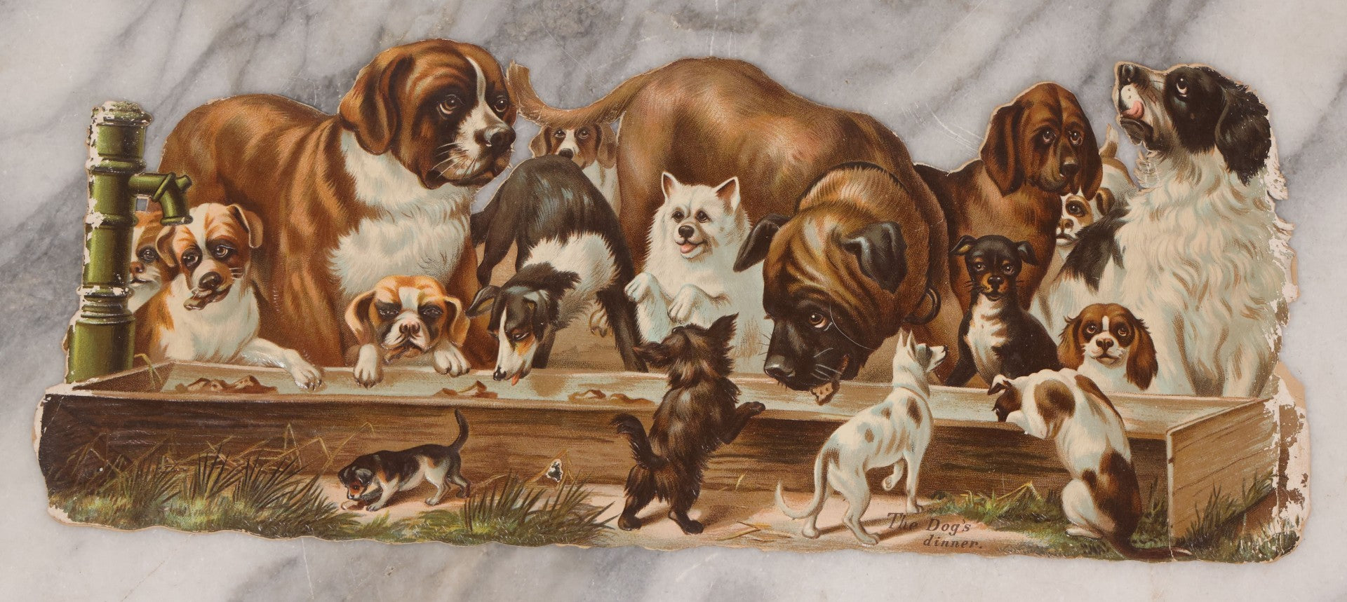 Lot 113 - Antique Lithographed Die Cut Scrap Of Dogs And Puppies Eating Out Of A Trough, Many Breeds Shown, Titled "The Dog's Dinner"