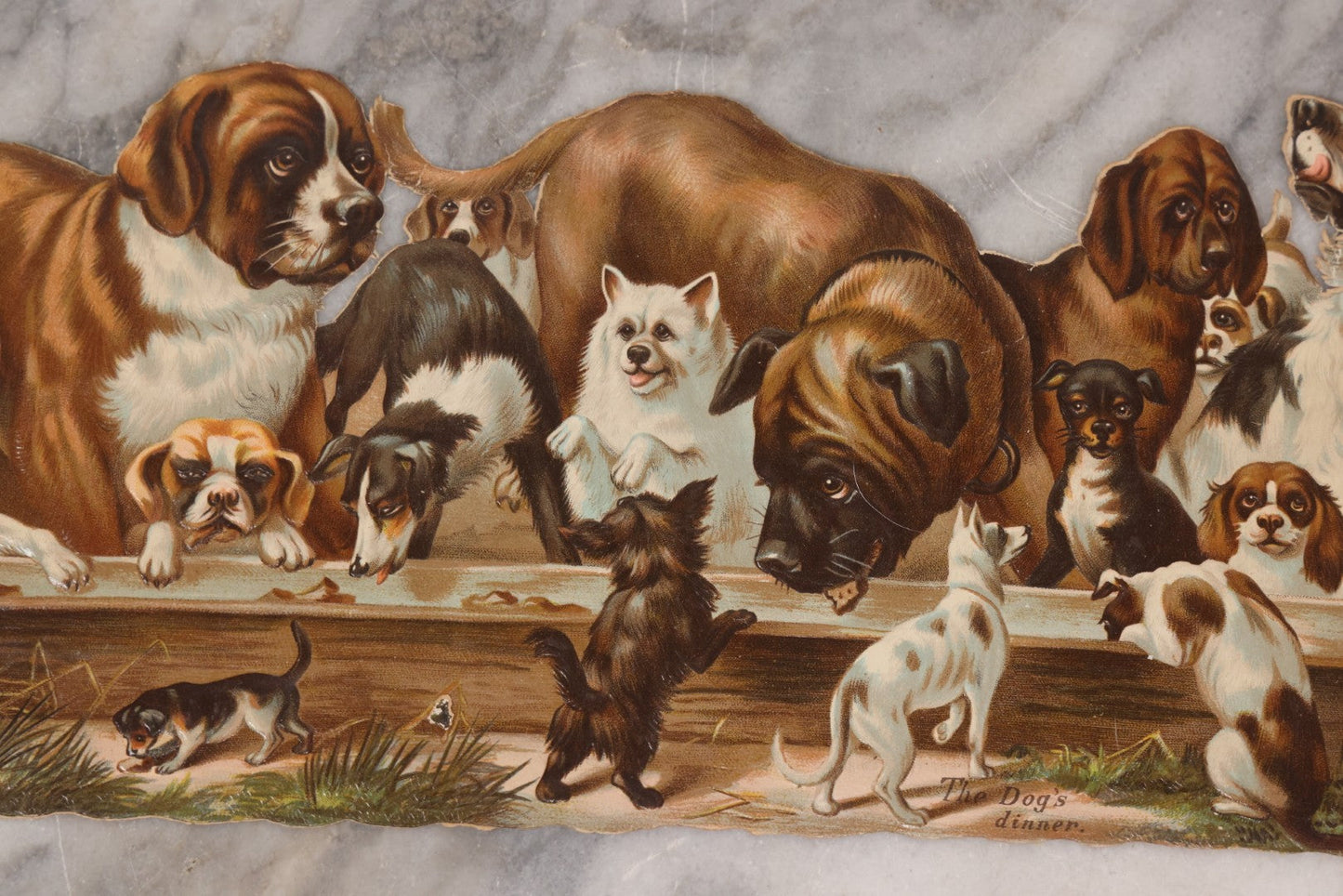 Lot 113 - Antique Lithographed Die Cut Scrap Of Dogs And Puppies Eating Out Of A Trough, Many Breeds Shown, Titled "The Dog's Dinner"