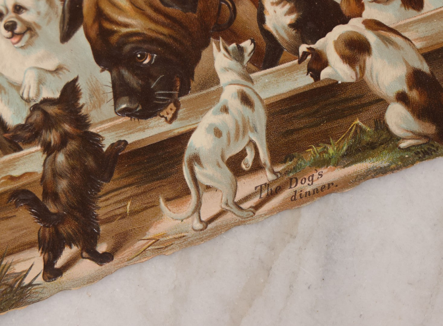 Lot 113 - Antique Lithographed Die Cut Scrap Of Dogs And Puppies Eating Out Of A Trough, Many Breeds Shown, Titled "The Dog's Dinner"