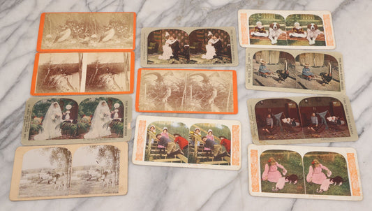 Lot 114 - Grouping Of 11 Stereoview Stereo Optic 3D Cards, Some In Color, Including Kissing, A Bride, Children With Their Pets, Wildlife, And Real Photo Stereocard Of Men Working With Lumber