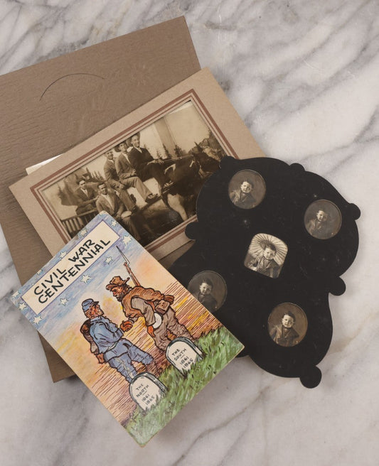 Lot 115 - Antique Ephemera Grouping, Including Paper Frame With 5 Mini Photos Of Young Child From Different Angles And With Parasol, Civil War Centennial Illustrated Postcard, And Real Photo Postcard R.P.P.C. Of Men In Suits Posing On Cow In Paper Folder
