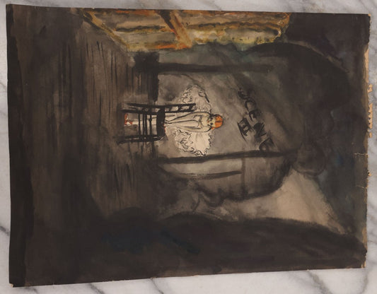 Lot 116 - Vintage Unframed Watercolor Painting, Stage Scene Storyboard, Ballerina Tying Pointe Shoe On Dark Stage, Titled "Scene III"