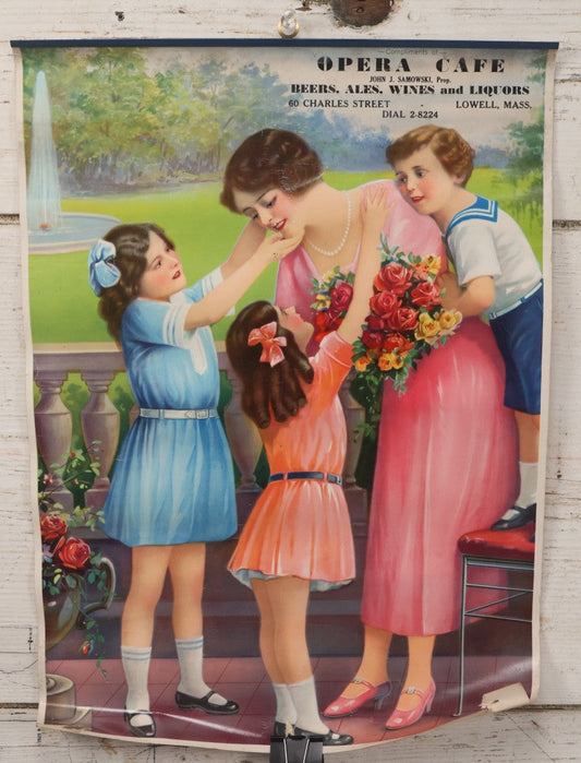 Lot 117 - Vintage Chromolithograph Advertising Poster, Compliments Of Opera Cafe, John J. Samowski, Proprietor, Beers, Ales, Wines, And Liquors, Lowell, Massachusetts, With Scene Of Mother And Three Children, Rolled Up
