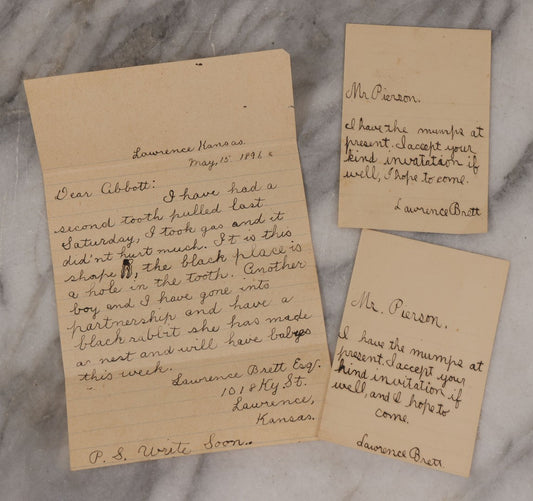 Lot 118 - Grouping Of Three Antique Handwritten Letters By Lawrence Brett, Circa 1896, Lawrence, Kansas, To Friends Abbott And Mr. Pierson, Rsvp And Update About Tooth Pulling, Pet Rabbit Business With Local Boy