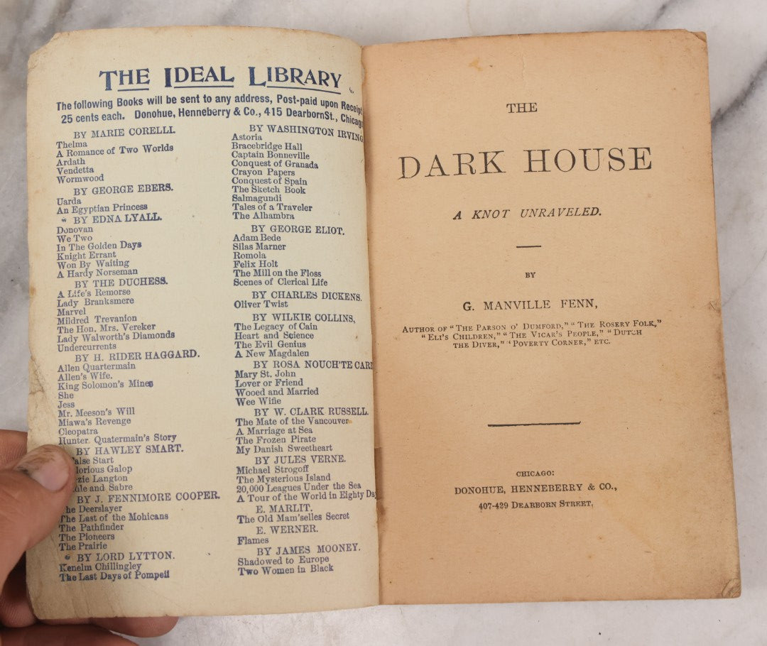 Lot 122 - "The Dark House" Antique Paperback Edition Book By George Manville Fenn, The Ideal Library No. 131, Published By Donohue, Henneberry, & Co., Chicago, 1894