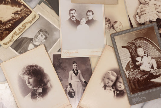 Lot 158 - Grouping Of Fifteen Antique Cabinet Card Photographs Of Men, Women, And Children, Including Woman Holding Hat With Umbrella, Parents With Child, Girl With Locket, And More